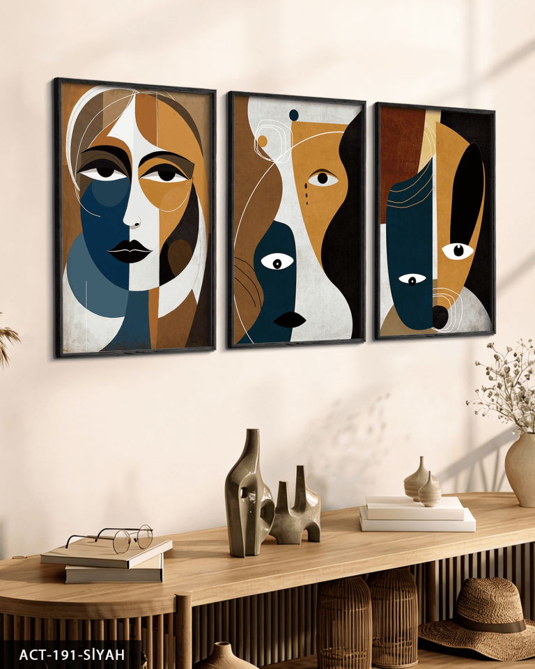Soyut Sanat Portre 3 Parça Ahşap Çerçeveli Tablo ACT Siyah - 50 x 70 CM