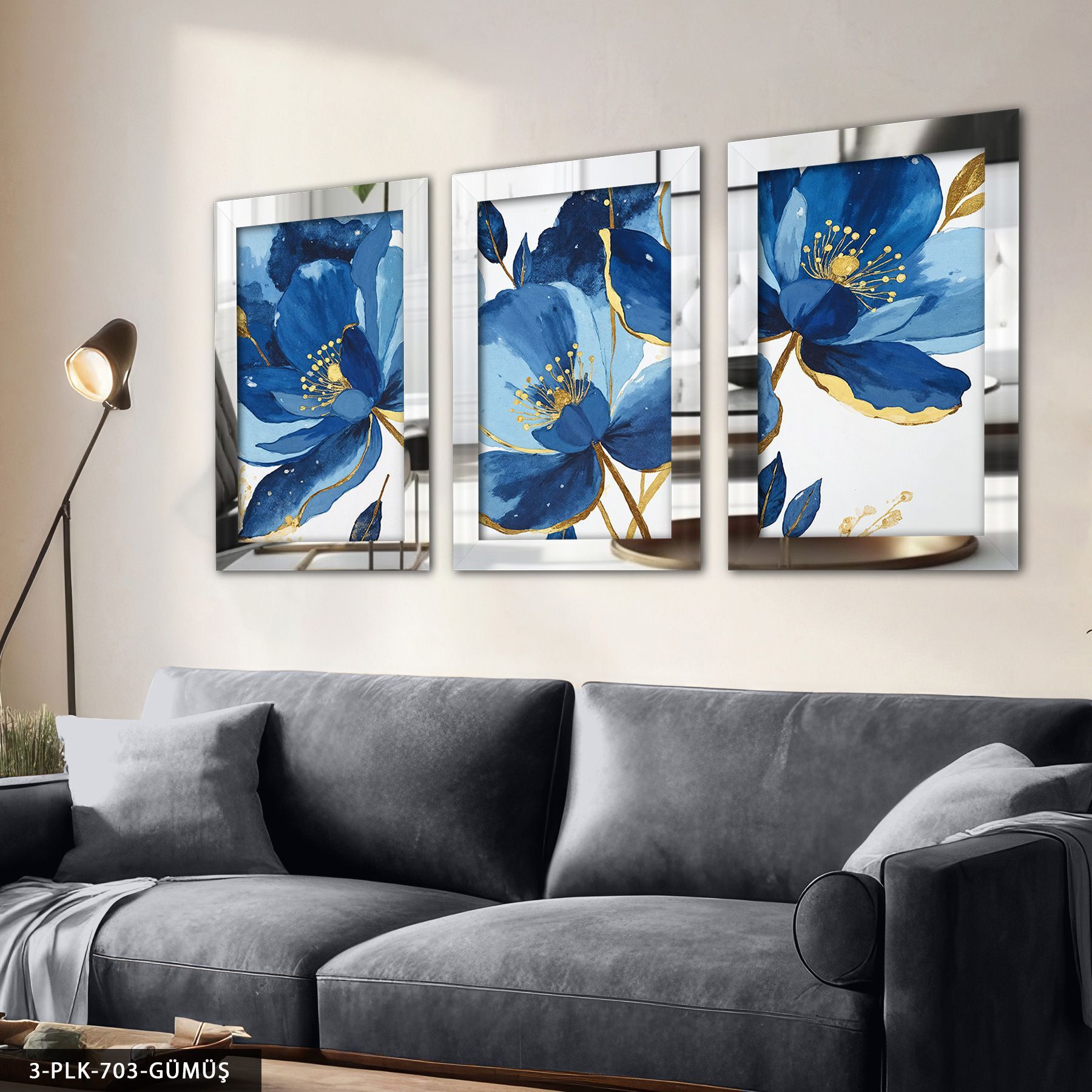 Gold Detaylı Mavi Çiçek 3 Parça Pleksi Aynalı Tablo 40 x 60 CM - Gümüş