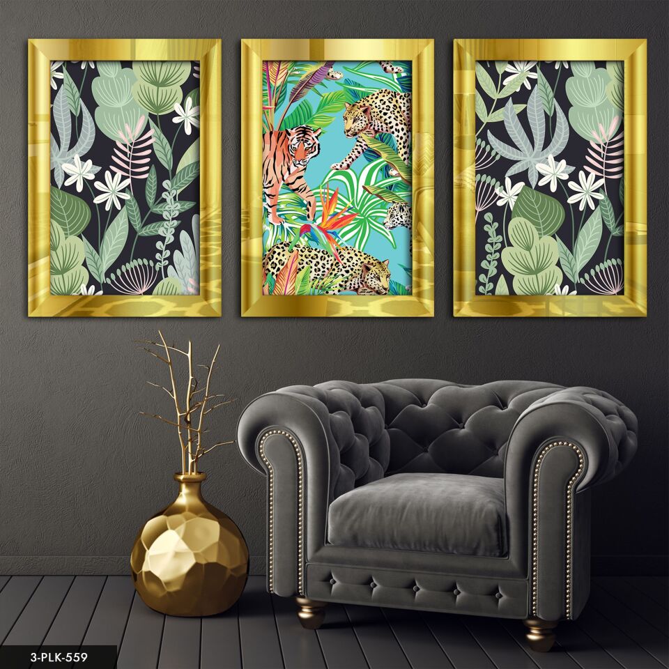 Yapraklar Doğa 3 Parça Pleksi Aynalı Tablo 40 x 60 CM - Gold