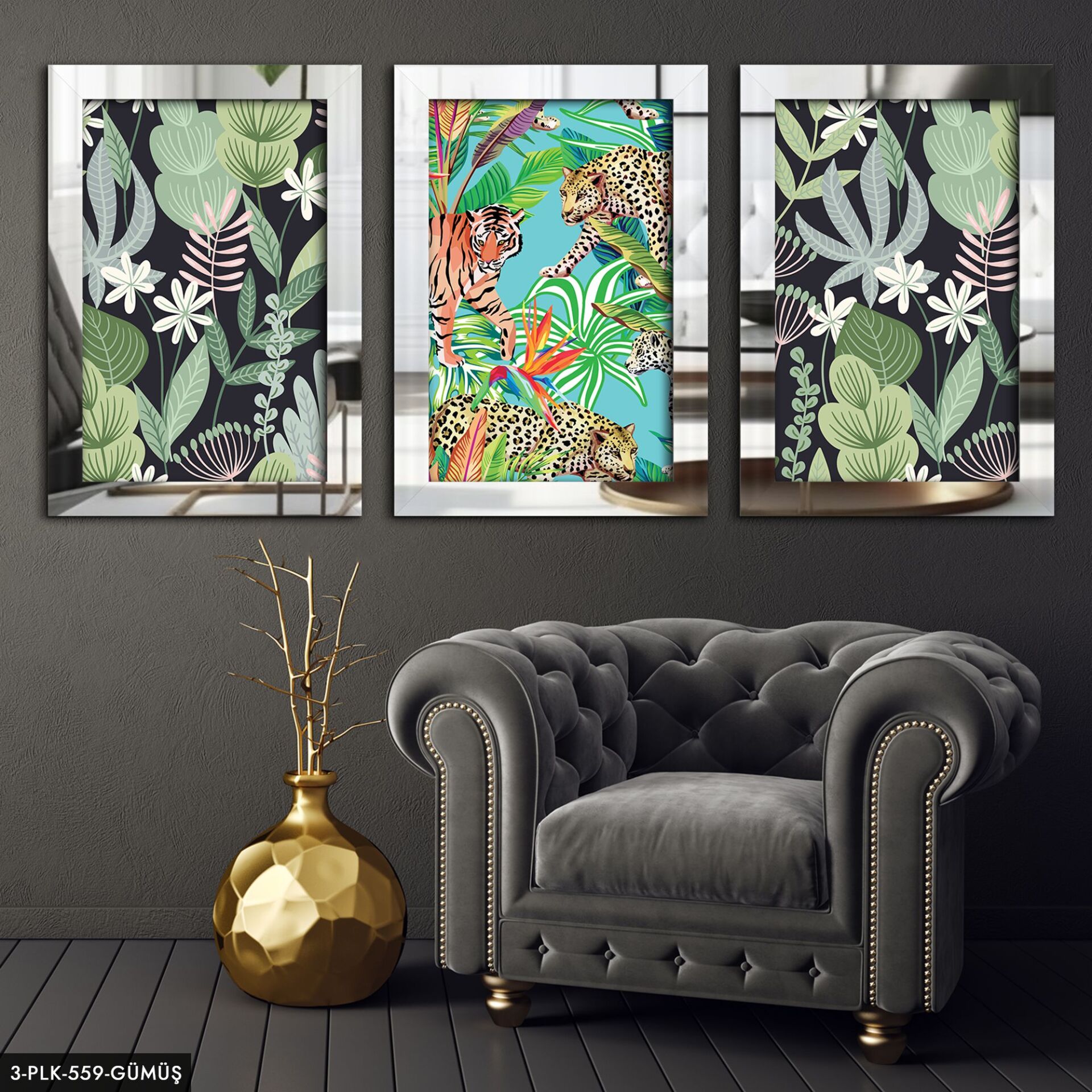 Yapraklar Doğa 3 Parça Pleksi Aynalı Tablo 40 x 60 CM - Gümüş