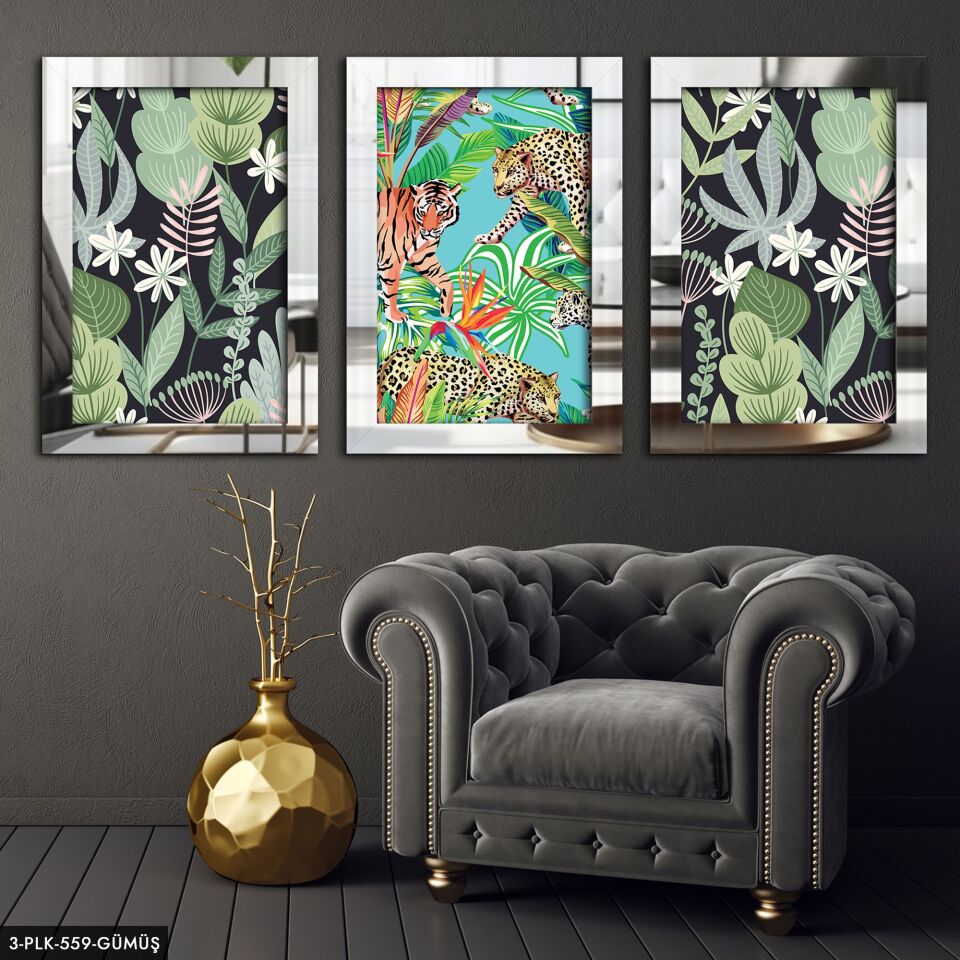 Yapraklar Doğa 3 Parça Pleksi Aynalı Tablo 40 x 60 CM - Gümüş