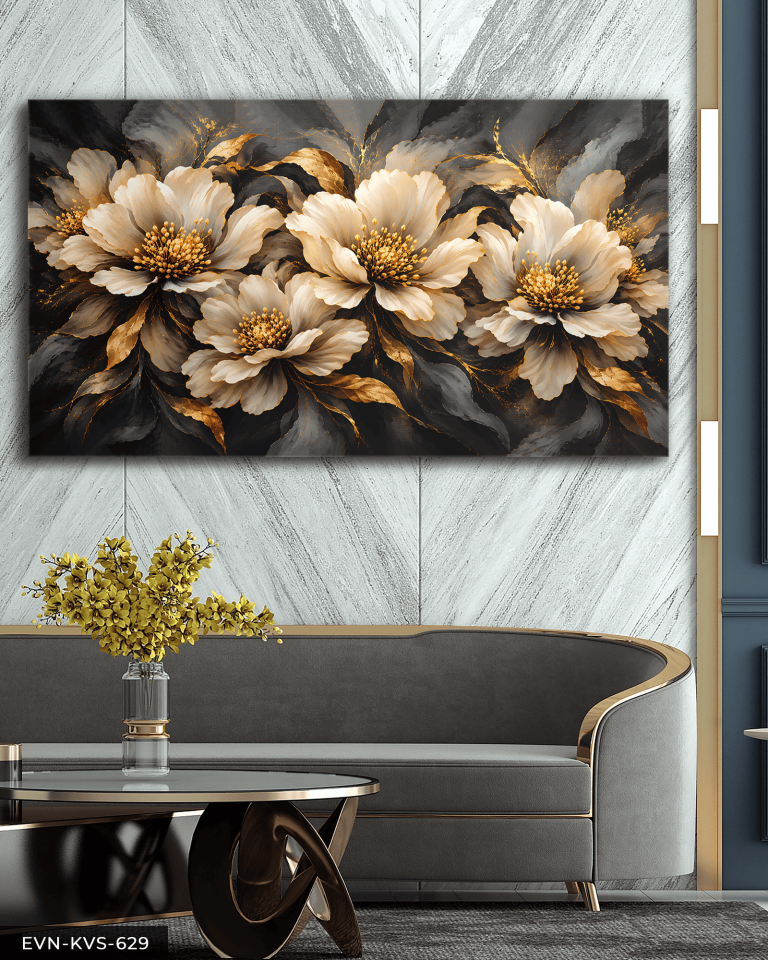 Siyah Gold Çiçekli Tek Parça Kanvas - Canvas Tablo
