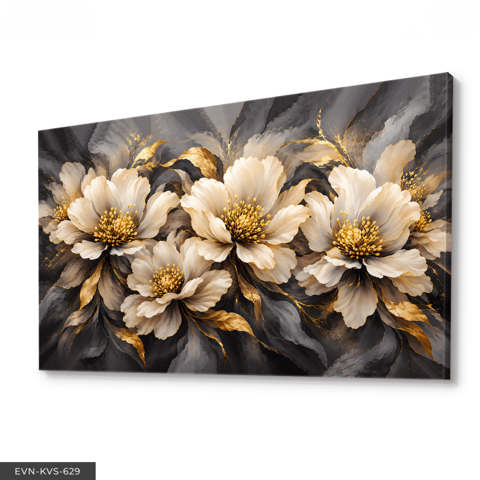 Siyah Gold Çiçekli Tek Parça Kanvas - Canvas Tablo