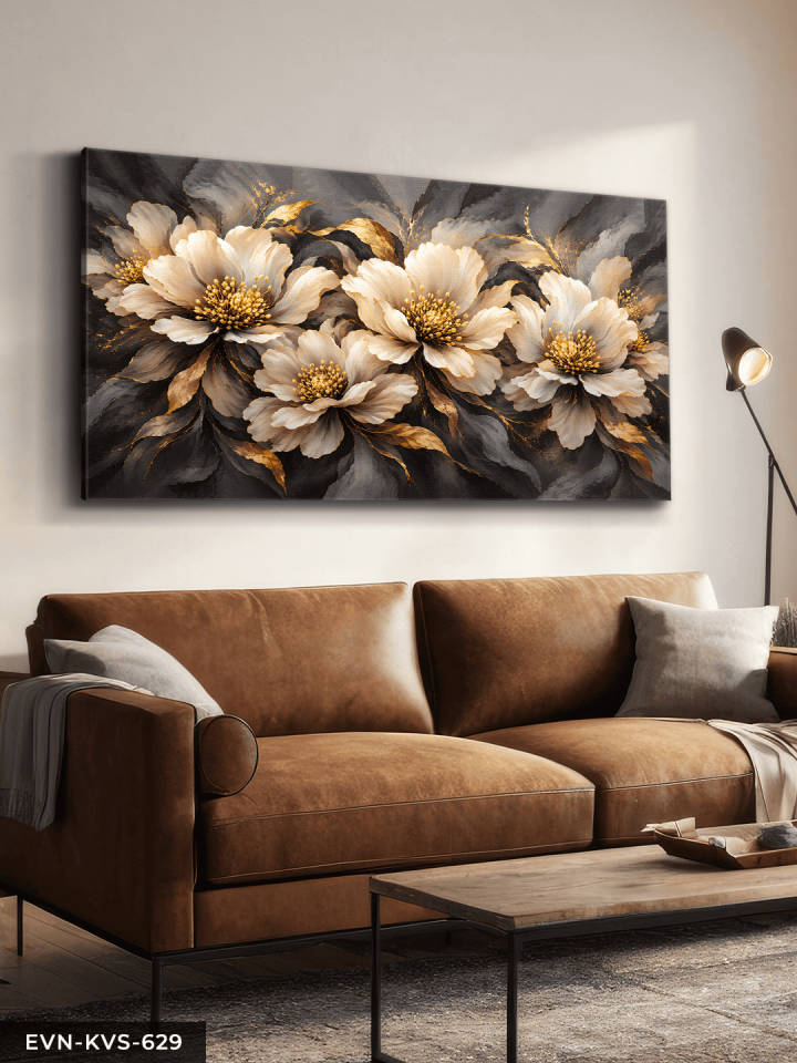 Siyah Gold Çiçekli Tek Parça Kanvas - Canvas Tablo