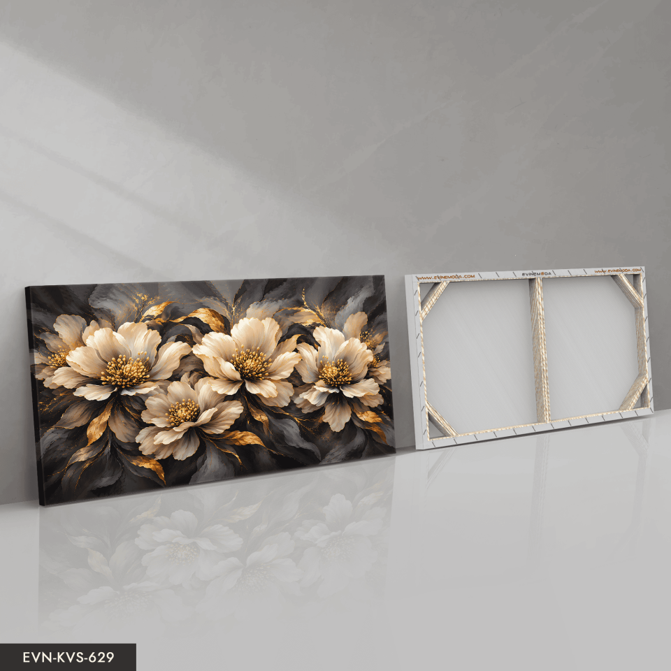 Siyah Gold Çiçekli Tek Parça Kanvas - Canvas Tablo