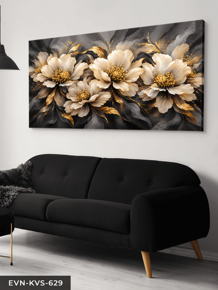 Siyah Gold Çiçekli Tek Parça Kanvas - Canvas Tablo