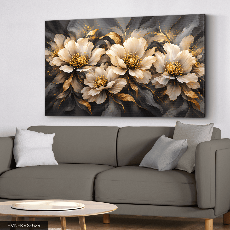 Siyah Gold Çiçekli Tek Parça Kanvas - Canvas Tablo