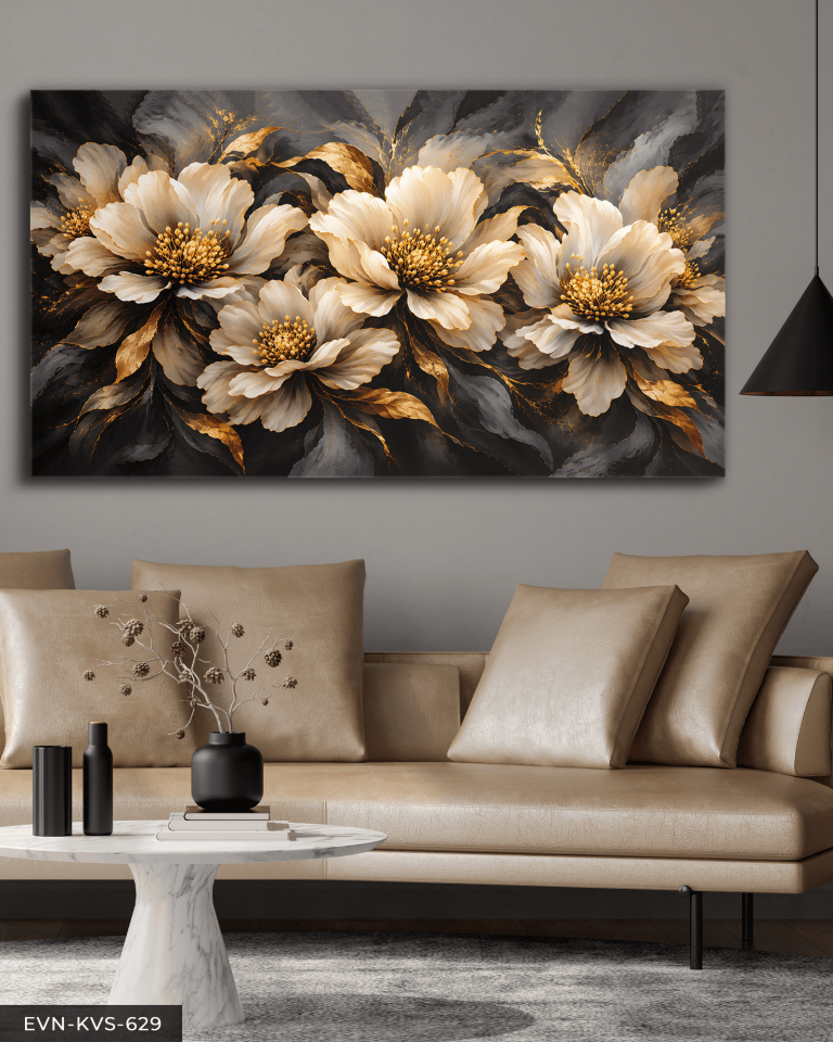 Siyah Gold Çiçekli Tek Parça Kanvas - Canvas Tablo