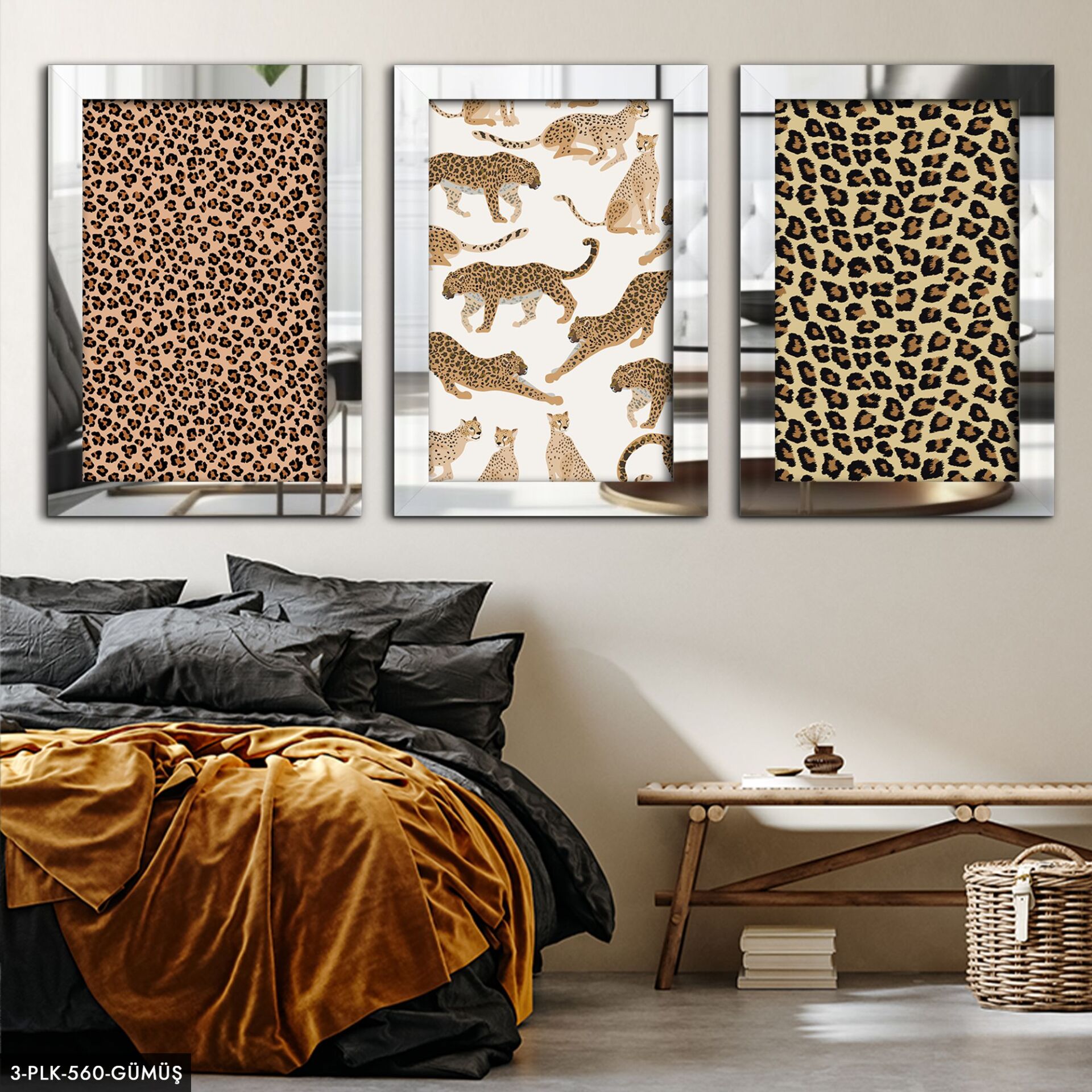 Leopar 3 Parça Pleksi Aynalı Tablo 40 x 60 CM - Gümüş