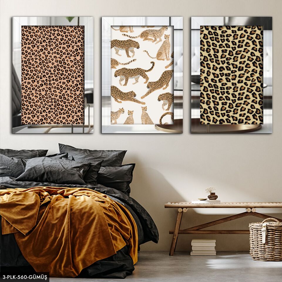 Leopar 3 Parça Pleksi Aynalı Tablo 40 x 60 CM - Gümüş