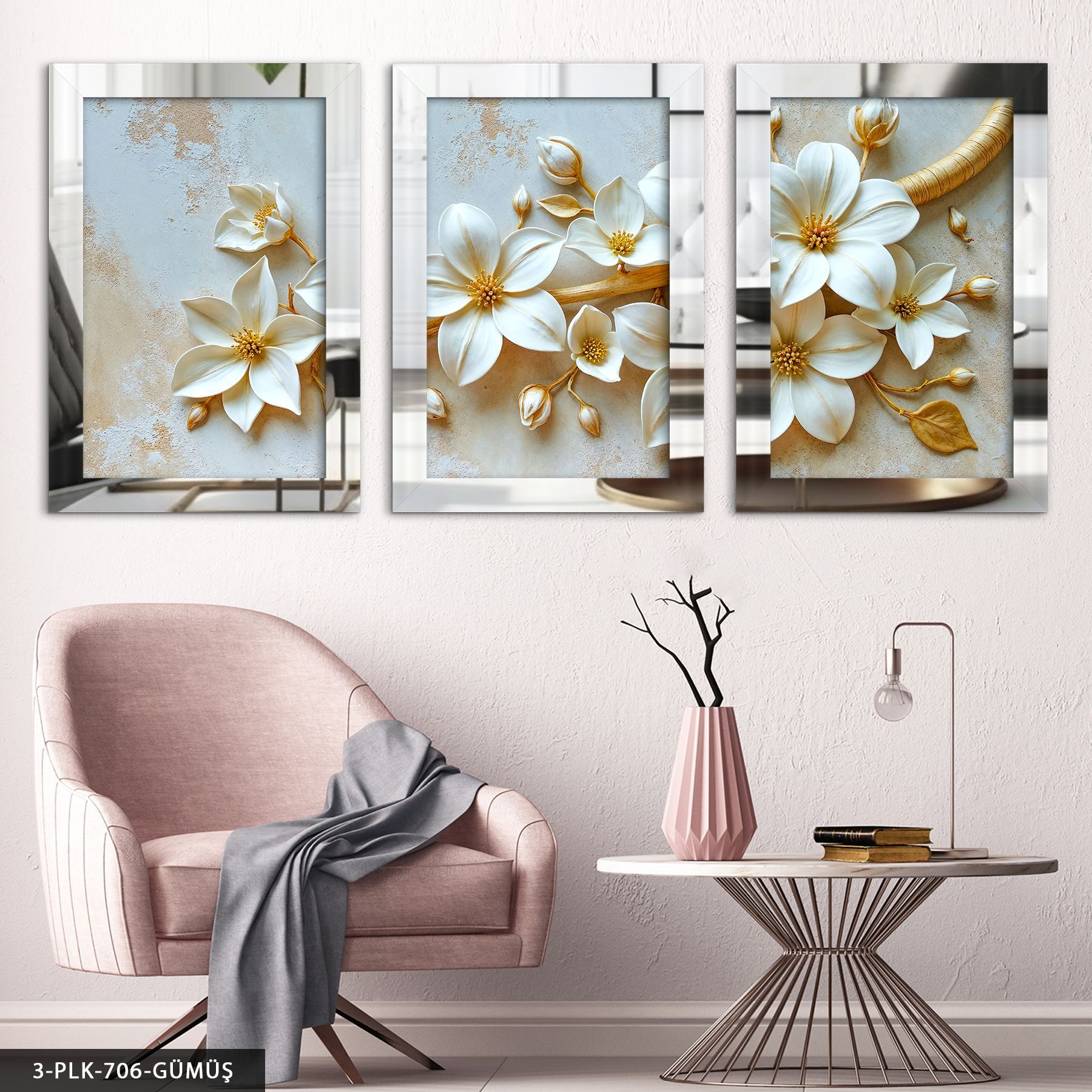 Beyaz Zambak 3 Parça Pleksi Aynalı Tablo 40 x 60 CM - Gümüş