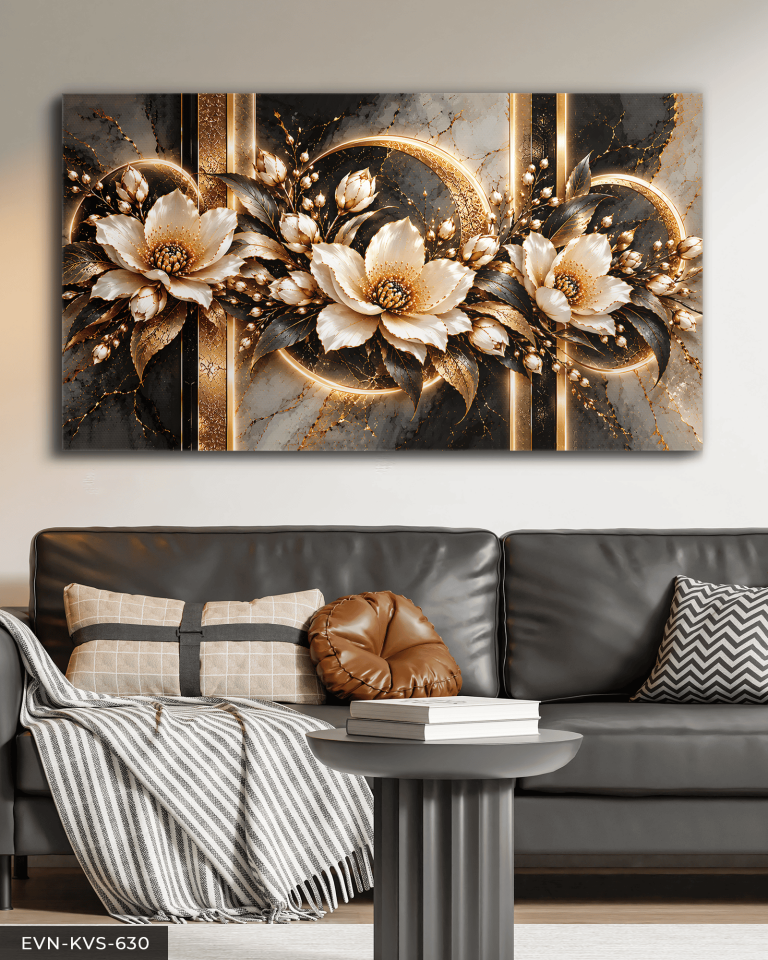 Altın Işıltılı Mermer Desenli Çiçek Tek Parça Kanvas - Canvas Tablo