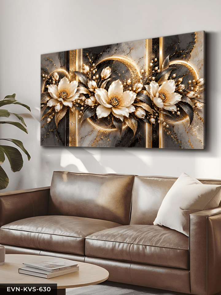 Altın Işıltılı Mermer Desenli Çiçek Tek Parça Kanvas - Canvas Tablo