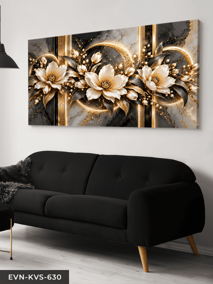Altın Işıltılı Mermer Desenli Çiçek Tek Parça Kanvas - Canvas Tablo