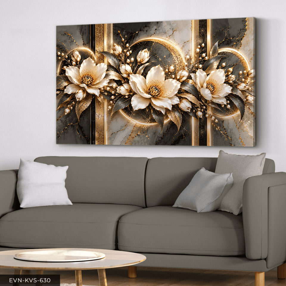 Altın Işıltılı Mermer Desenli Çiçek Tek Parça Kanvas - Canvas Tablo