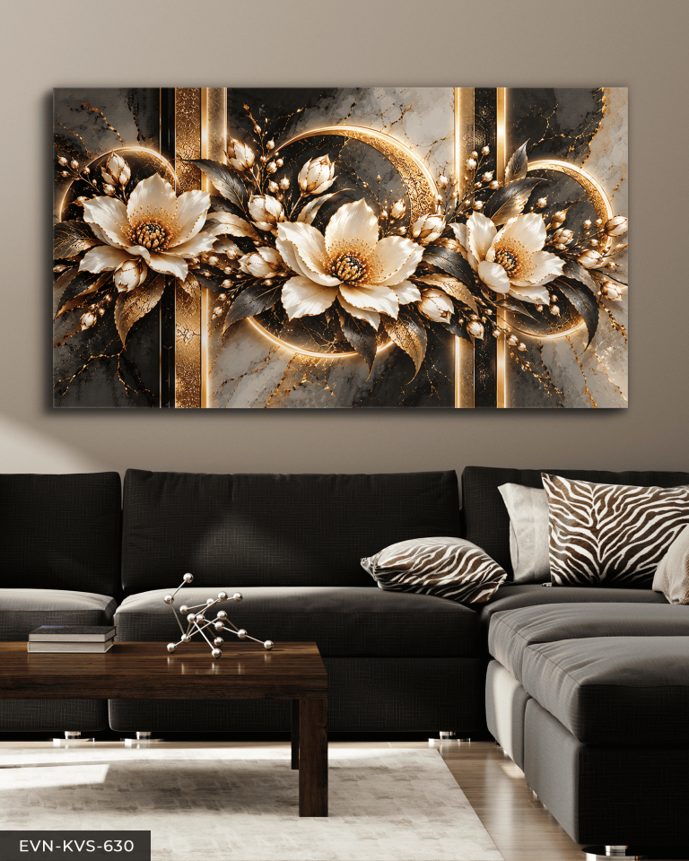 Altın Işıltılı Mermer Desenli Çiçek Tek Parça Kanvas - Canvas Tablo
