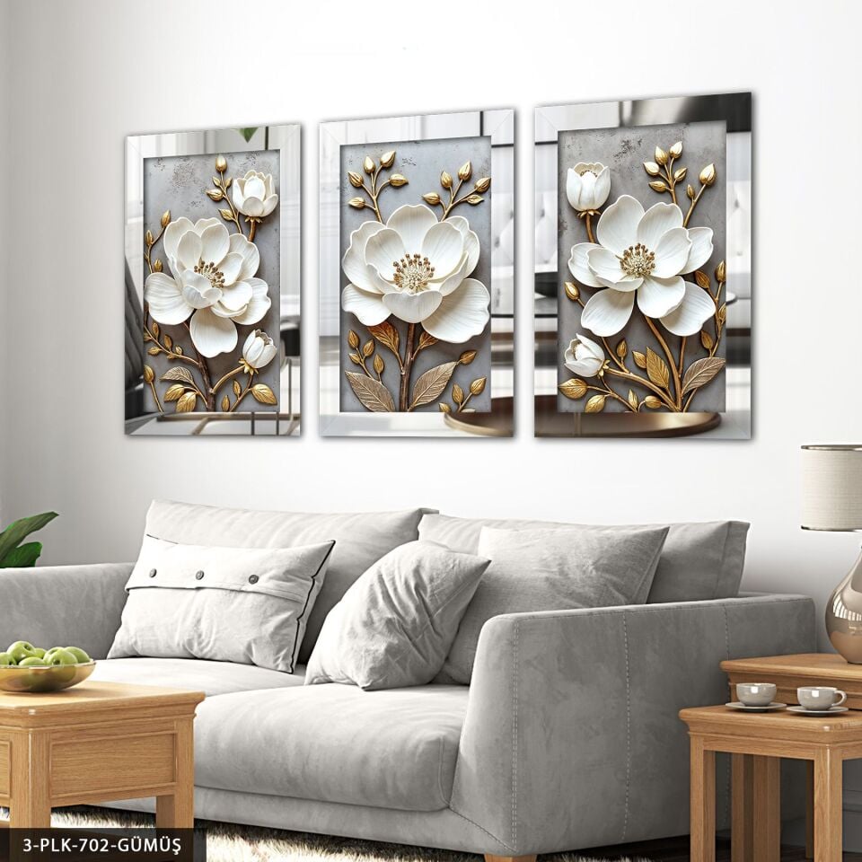 Gold Yapraklı Beyaz Çiçek 3 Parça Pleksi Aynalı Tablo 50 x 70 CM - Gümüş