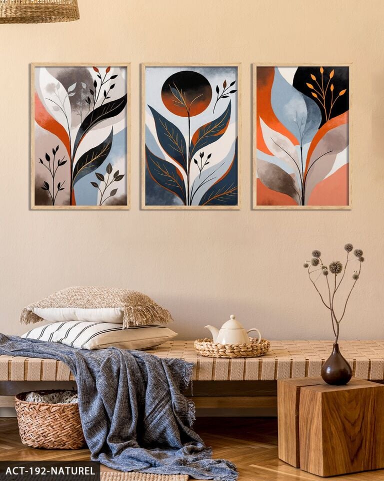 Soyut Yapraklar 3 Parça Ahşap Çerçeveli Tablo ACT Naturel - 20 x 30 CM