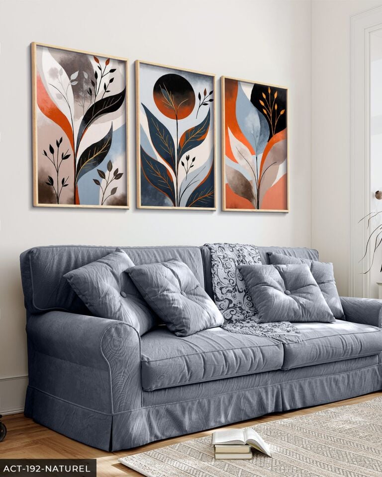 Soyut Yapraklar 3 Parça Ahşap Çerçeveli Tablo ACT Naturel - 20 x 30 CM