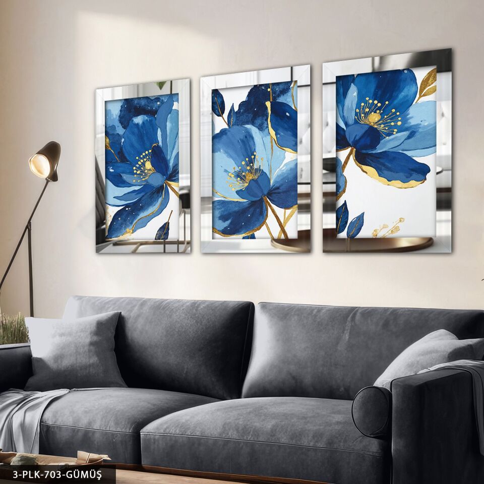 Gold Detaylı Mavi Çiçek 3 Parça Pleksi Aynalı Tablo 50 x 70 CM - Gümüş