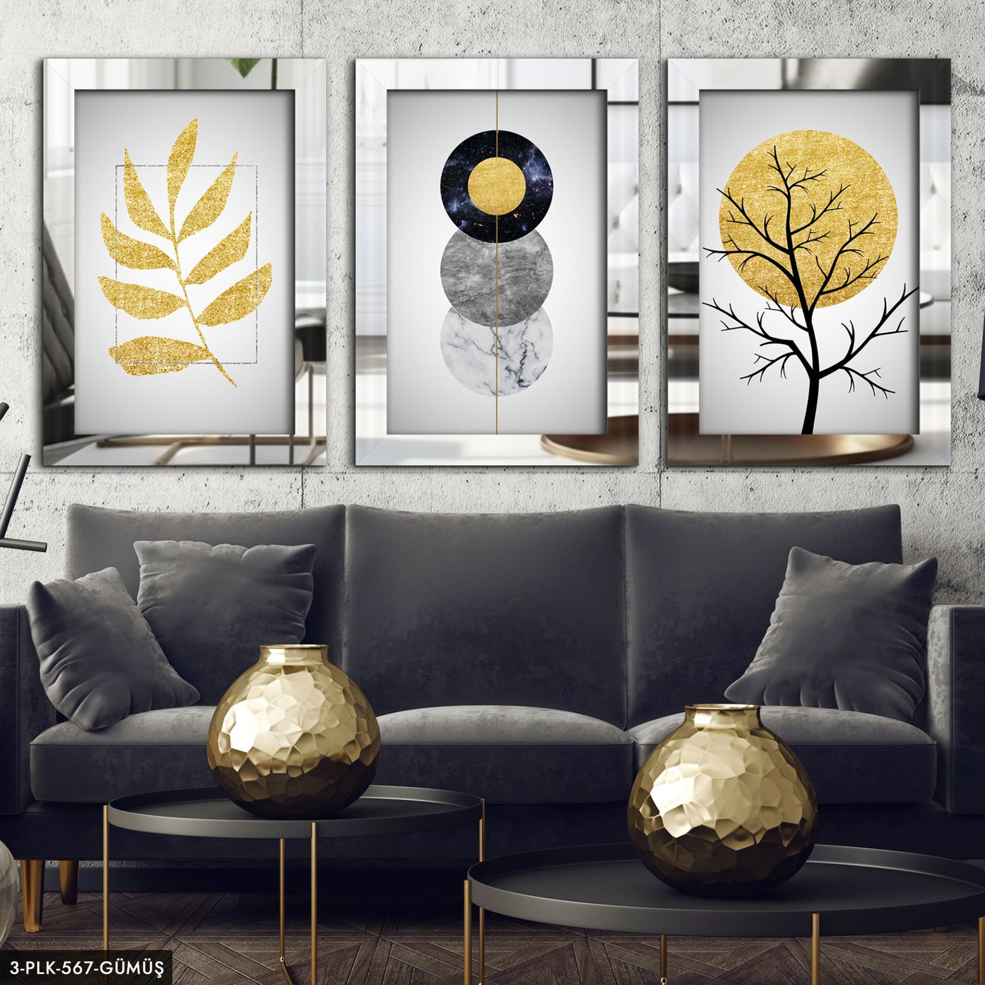 Sanatsal 3 Parça Pleksi Aynalı Tablo 40 x 60 CM - Gümüş