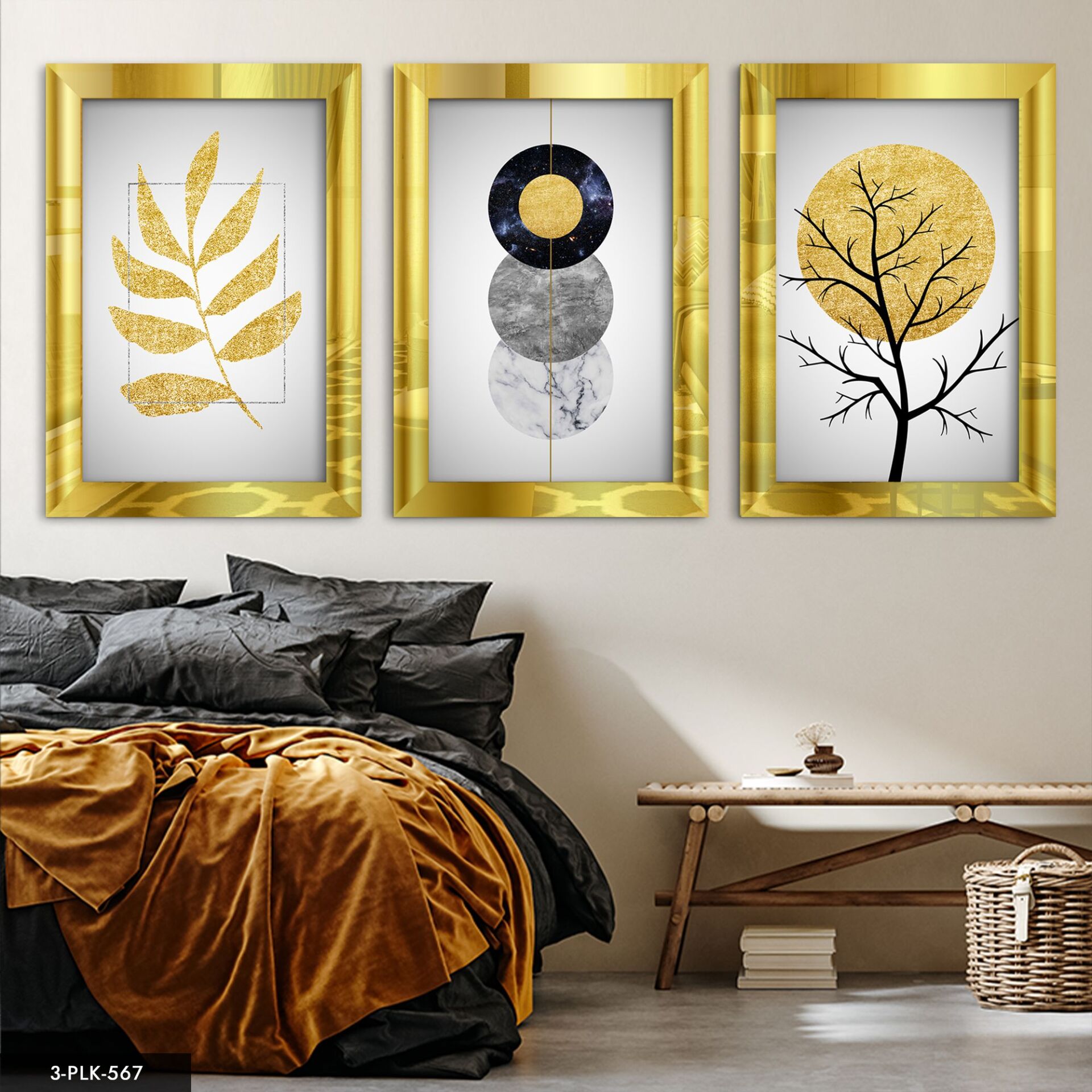 Sanatsal 3 Parça Pleksi Aynalı Tablo 40 x 60 CM - Gold