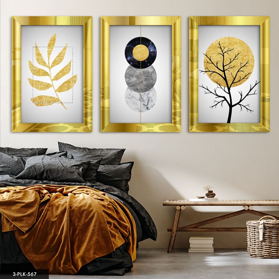 Sanatsal 3 Parça Pleksi Aynalı Tablo 40 x 60 CM - Gold