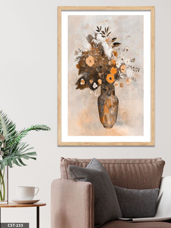 Turuncu Çiçek Vazosu Tek Parça Ahşap Çerçeveli Tablo Naturel - 50 x 70 CM
