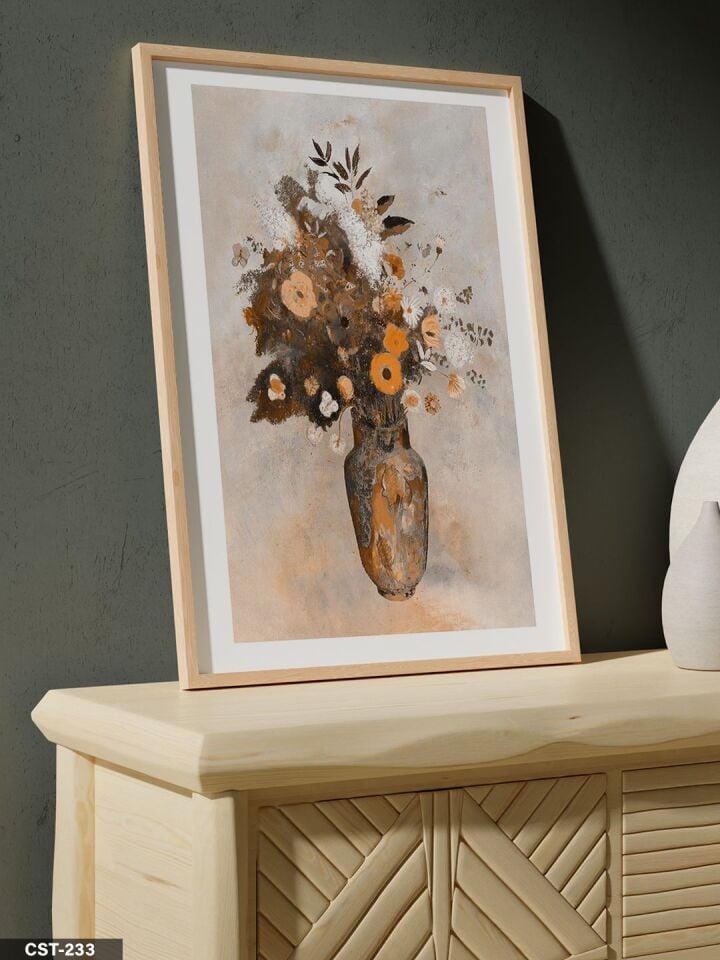 Turuncu Çiçek Vazosu Tek Parça Ahşap Çerçeveli Tablo Naturel - 50 x 70 CM