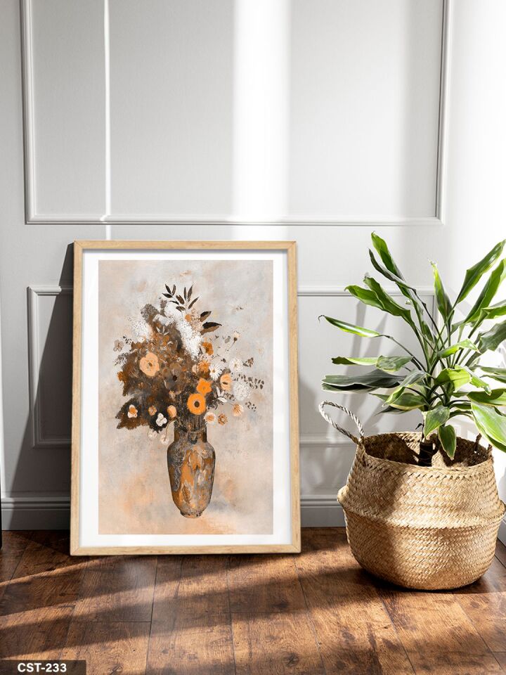 Turuncu Çiçek Vazosu Tek Parça Ahşap Çerçeveli Tablo Naturel - 50 x 70 CM