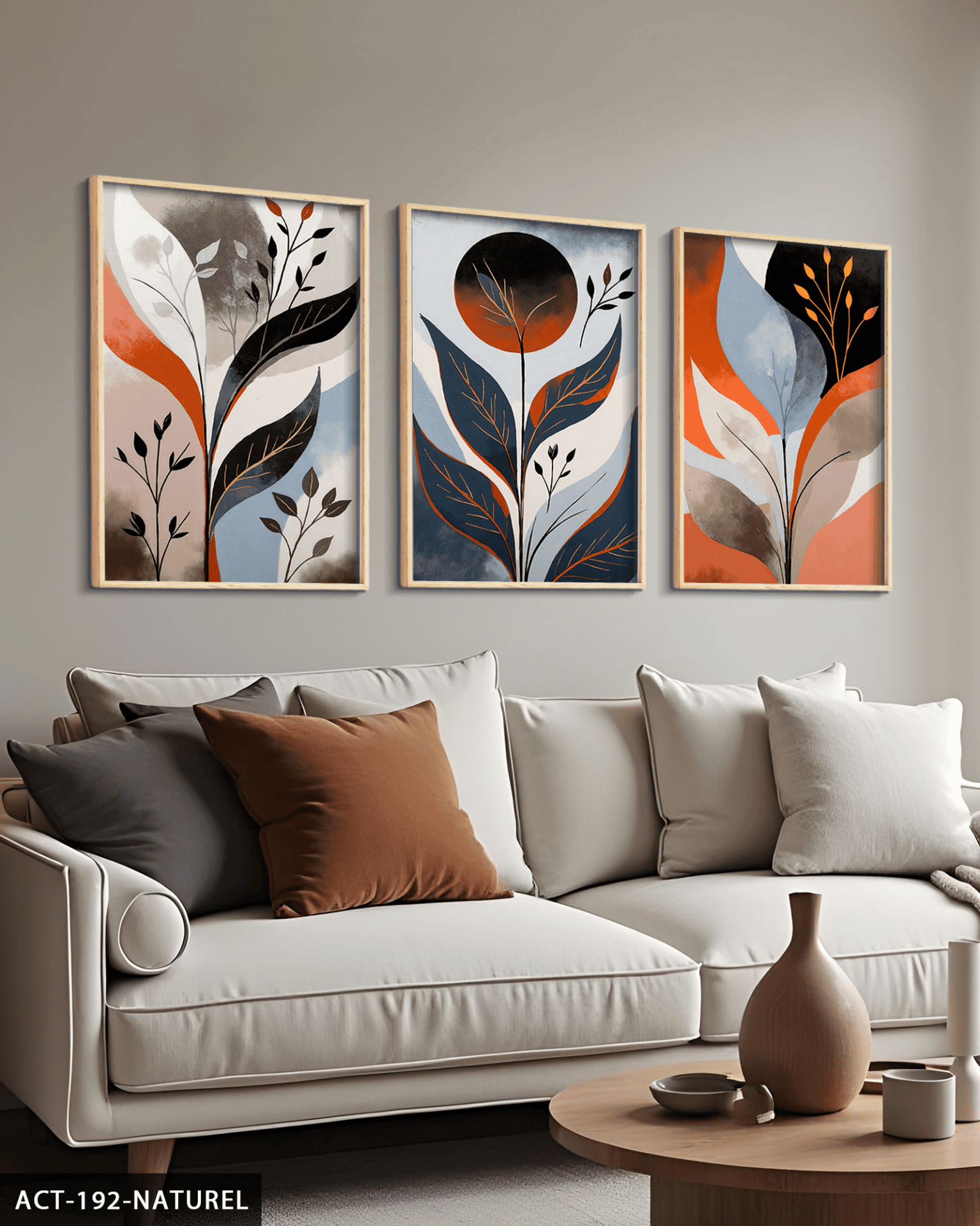 Soyut Yapraklar 3 Parça Ahşap Çerçeveli Tablo ACT Naturel - 40 x 60 CM