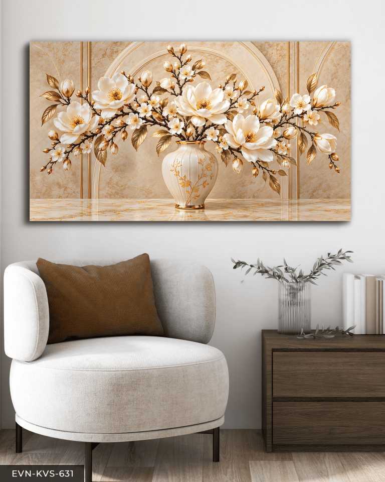 Gold Detaylı Vazoda Beyaz Çiçek Tek Parça Kanvas - Canvas Tablo