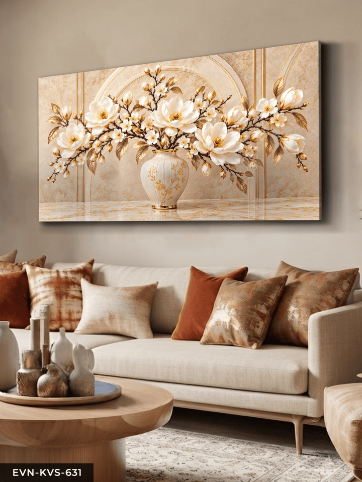 Gold Detaylı Vazoda Beyaz Çiçek Tek Parça Kanvas - Canvas Tablo