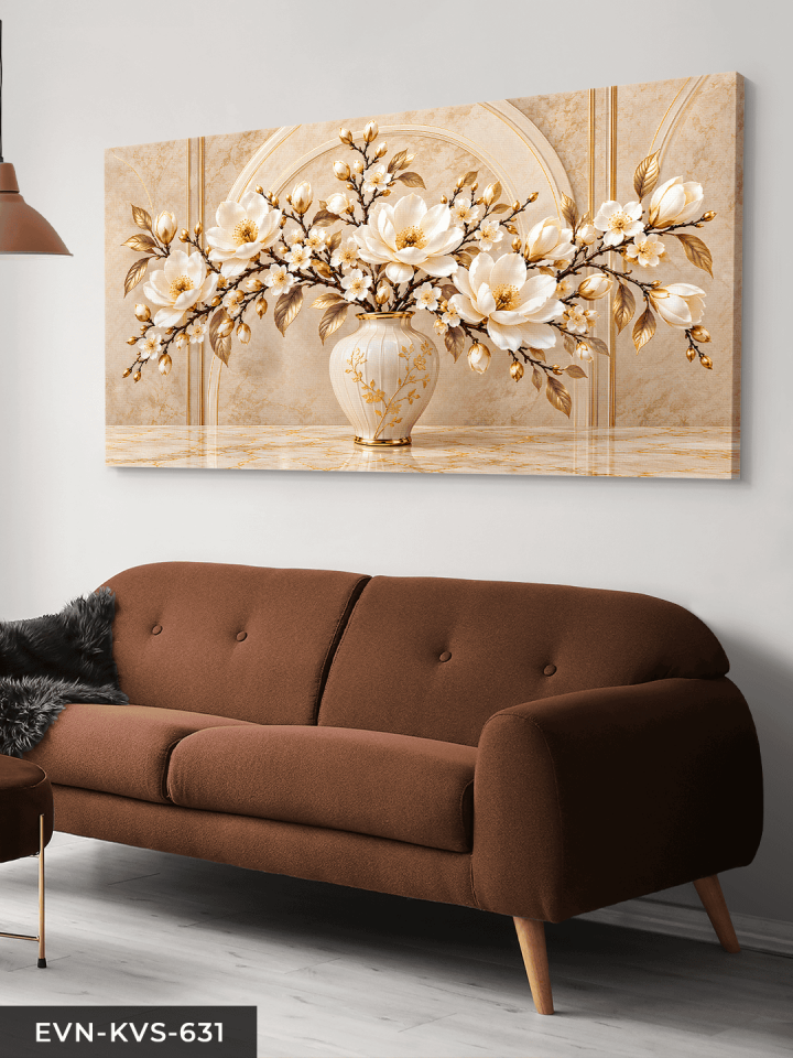 Gold Detaylı Vazoda Beyaz Çiçek Tek Parça Kanvas - Canvas Tablo