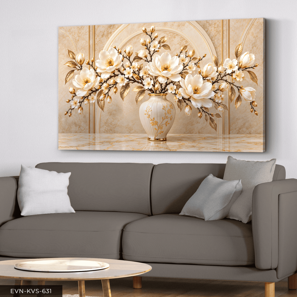 Gold Detaylı Vazoda Beyaz Çiçek Tek Parça Kanvas - Canvas Tablo