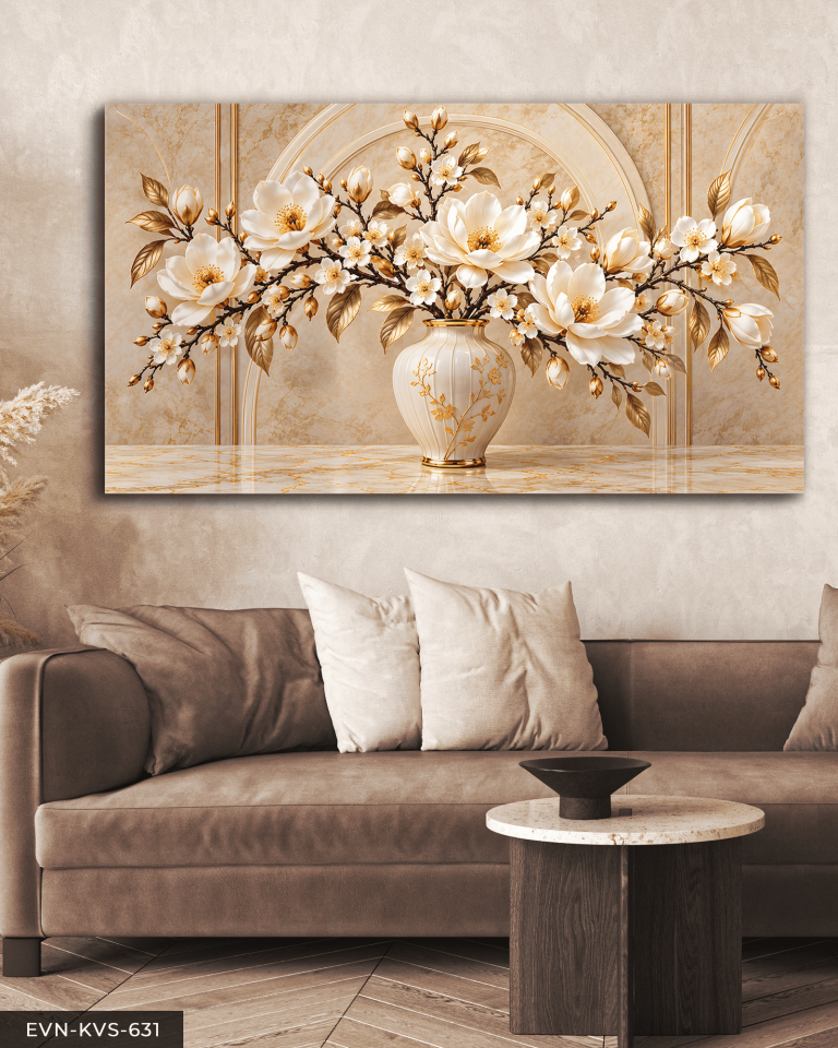 Gold Detaylı Vazoda Beyaz Çiçek Tek Parça Kanvas - Canvas Tablo