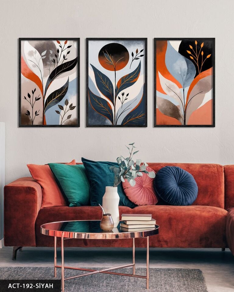Soyut Yapraklar 3 Parça Ahşap Çerçeveli Tablo ACT Siyah - 20 x 30 CM