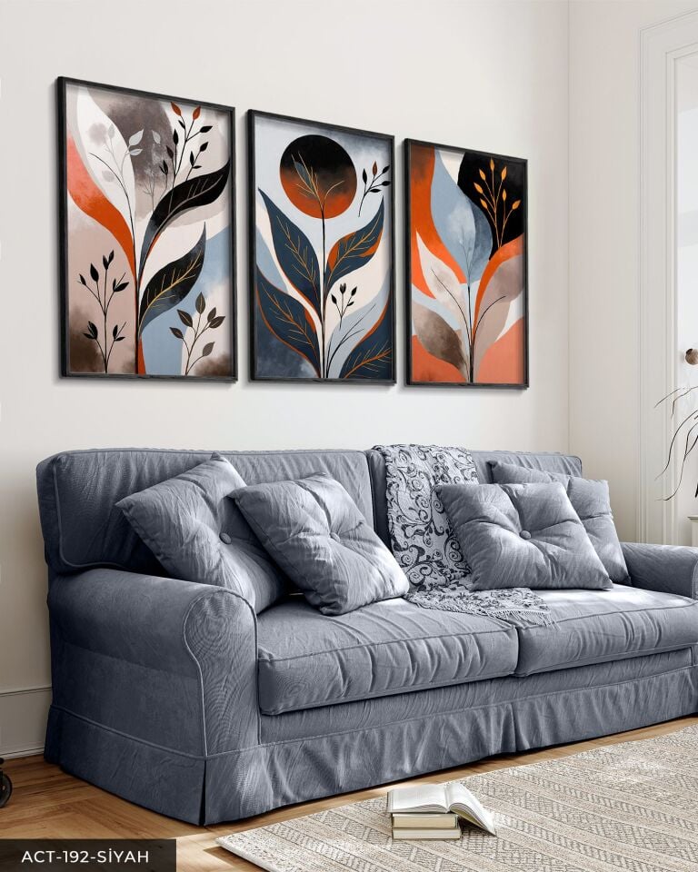 Soyut Yapraklar 3 Parça Ahşap Çerçeveli Tablo ACT Siyah - 20 x 30 CM
