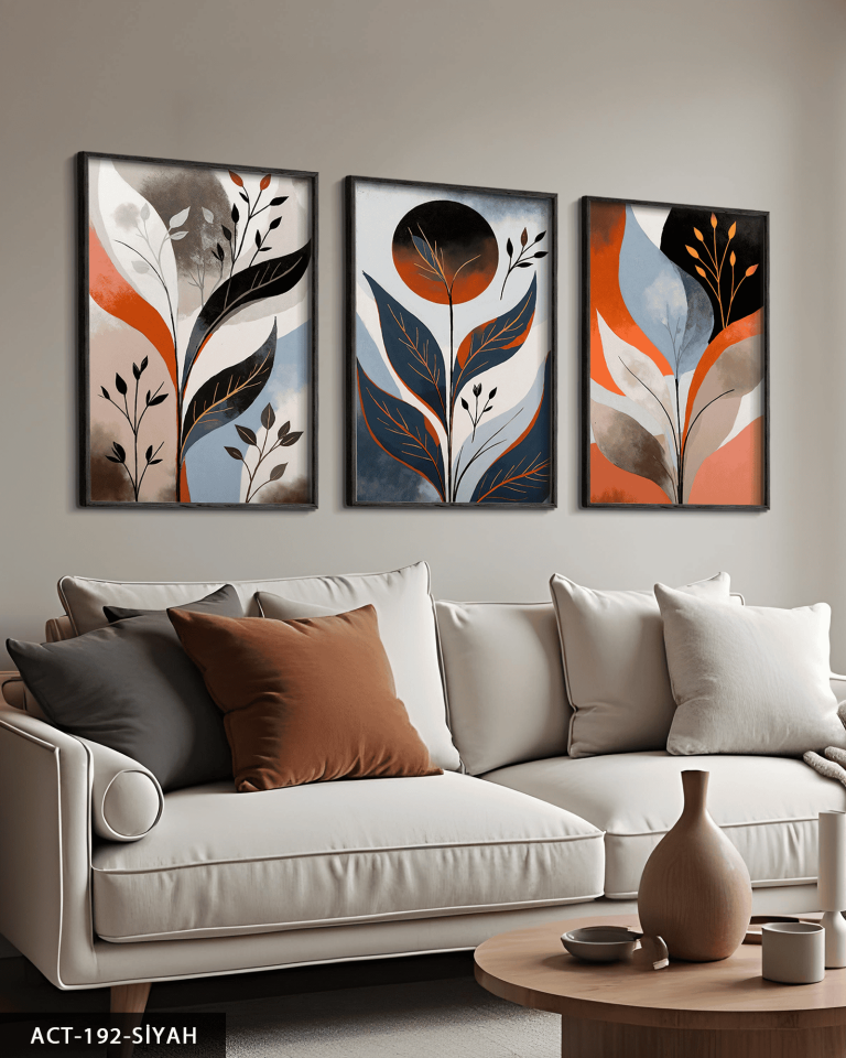 Soyut Yapraklar 3 Parça Ahşap Çerçeveli Tablo ACT Siyah - 20 x 30 CM