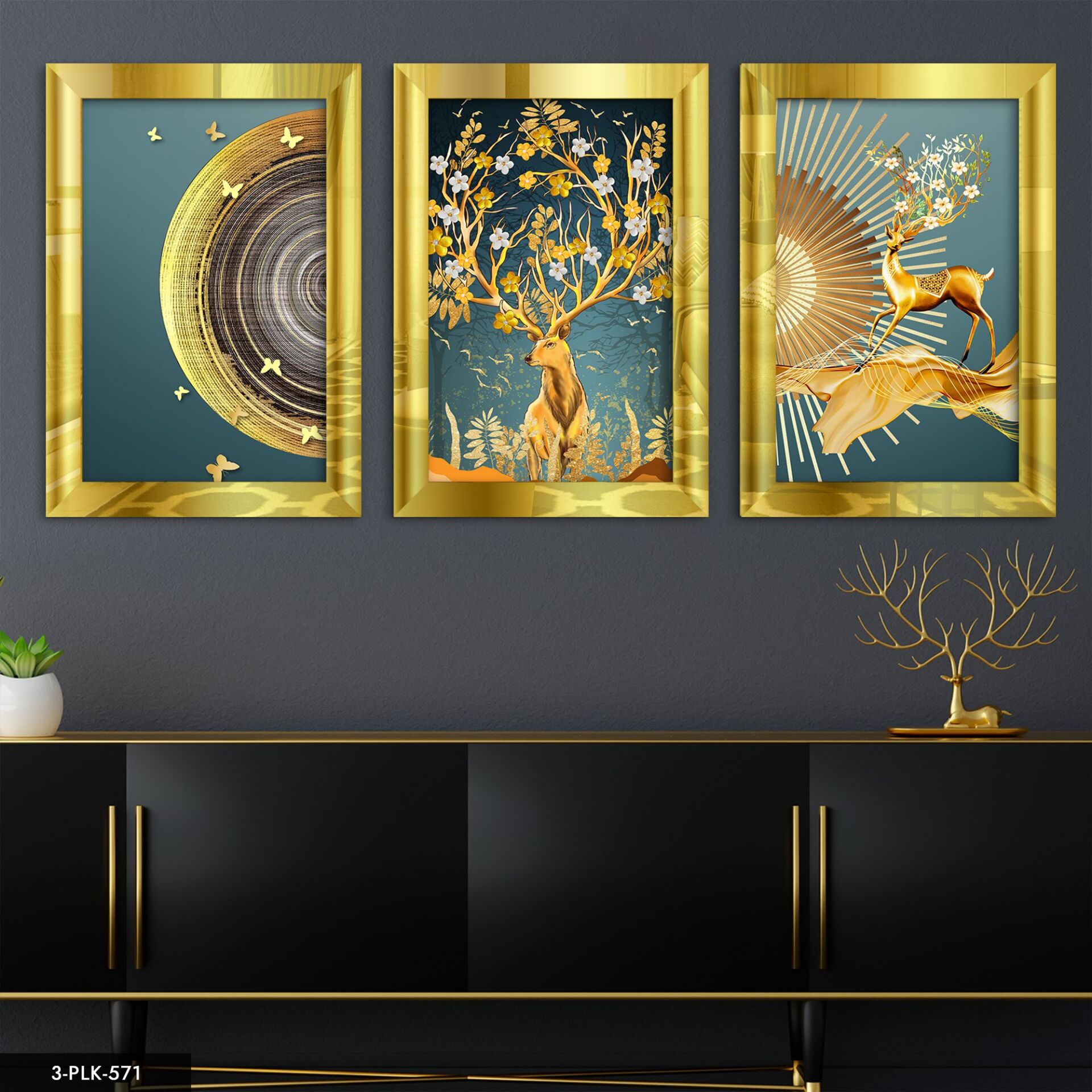 Soyut Geyik 3 Parça Pleksi Aynalı Tablo 40 x 60 CM - Gold