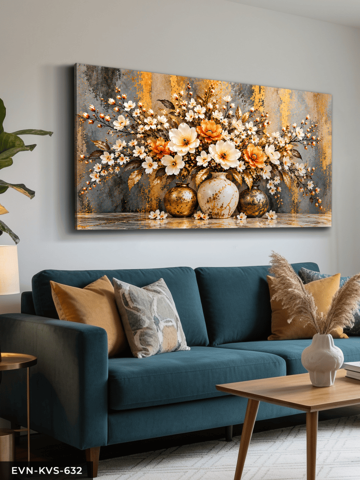 Gold Detaylı Turuncu Beyaz Çiçekler Tek Parça Kanvas - Canvas Tablo