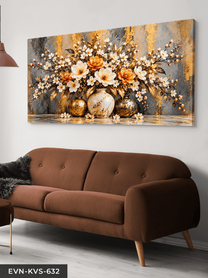 Gold Detaylı Turuncu Beyaz Çiçekler Tek Parça Kanvas - Canvas Tablo