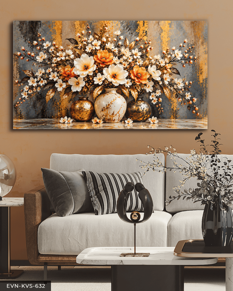 Gold Detaylı Turuncu Beyaz Çiçekler Tek Parça Kanvas - Canvas Tablo