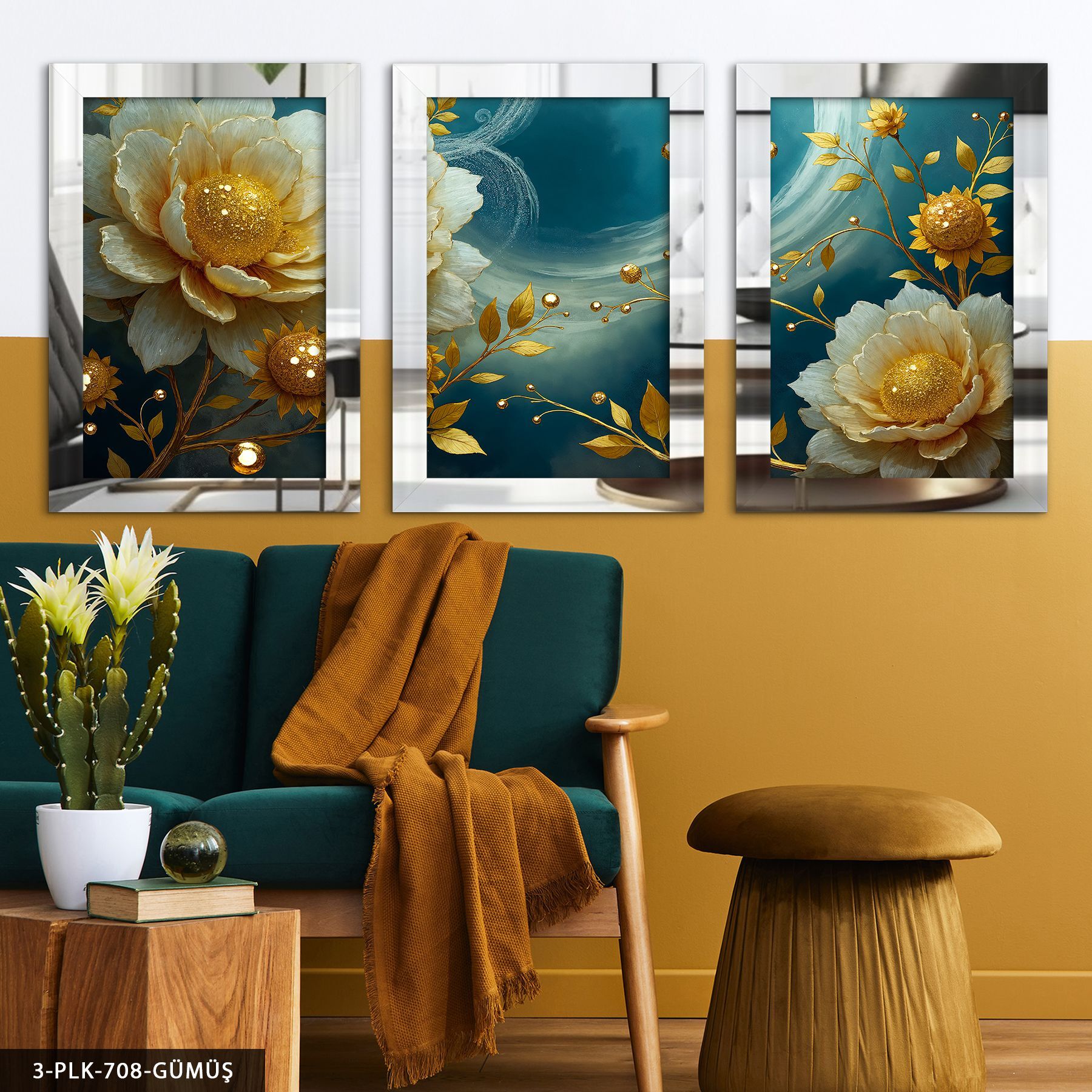 Gold Yapraklı Çiçek 3 Parça Pleksi Aynalı Tablo 50 x 70 CM - Gümüş
