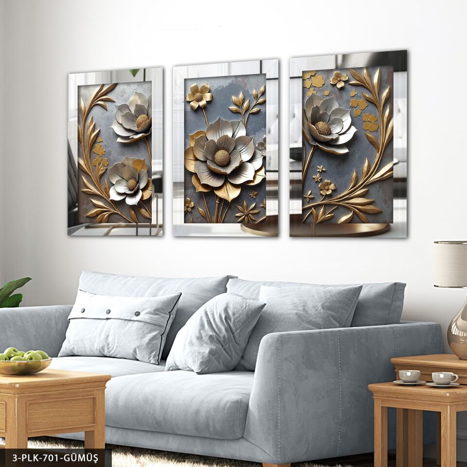 Gold Yapraklı Çiçek 3 Parça Pleksi Aynalı Tablo 60 x 80 CM - Gümüş