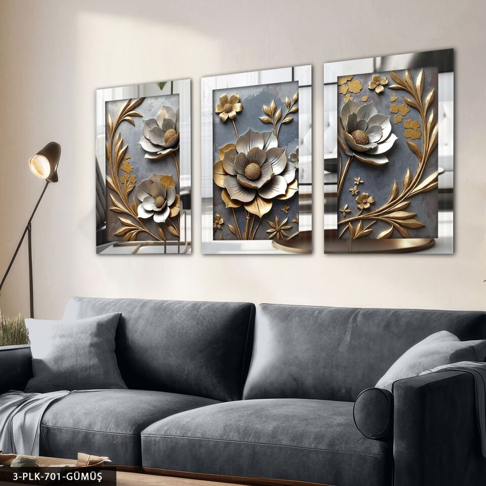 Gold Yapraklı Çiçek 3 Parça Pleksi Aynalı Tablo 60 x 80 CM - Gümüş