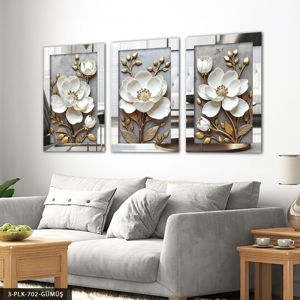 Gold Yapraklı Beyaz Çiçek 3 Parça Pleksi Aynalı Tablo 60 x 80 CM - Gümüş