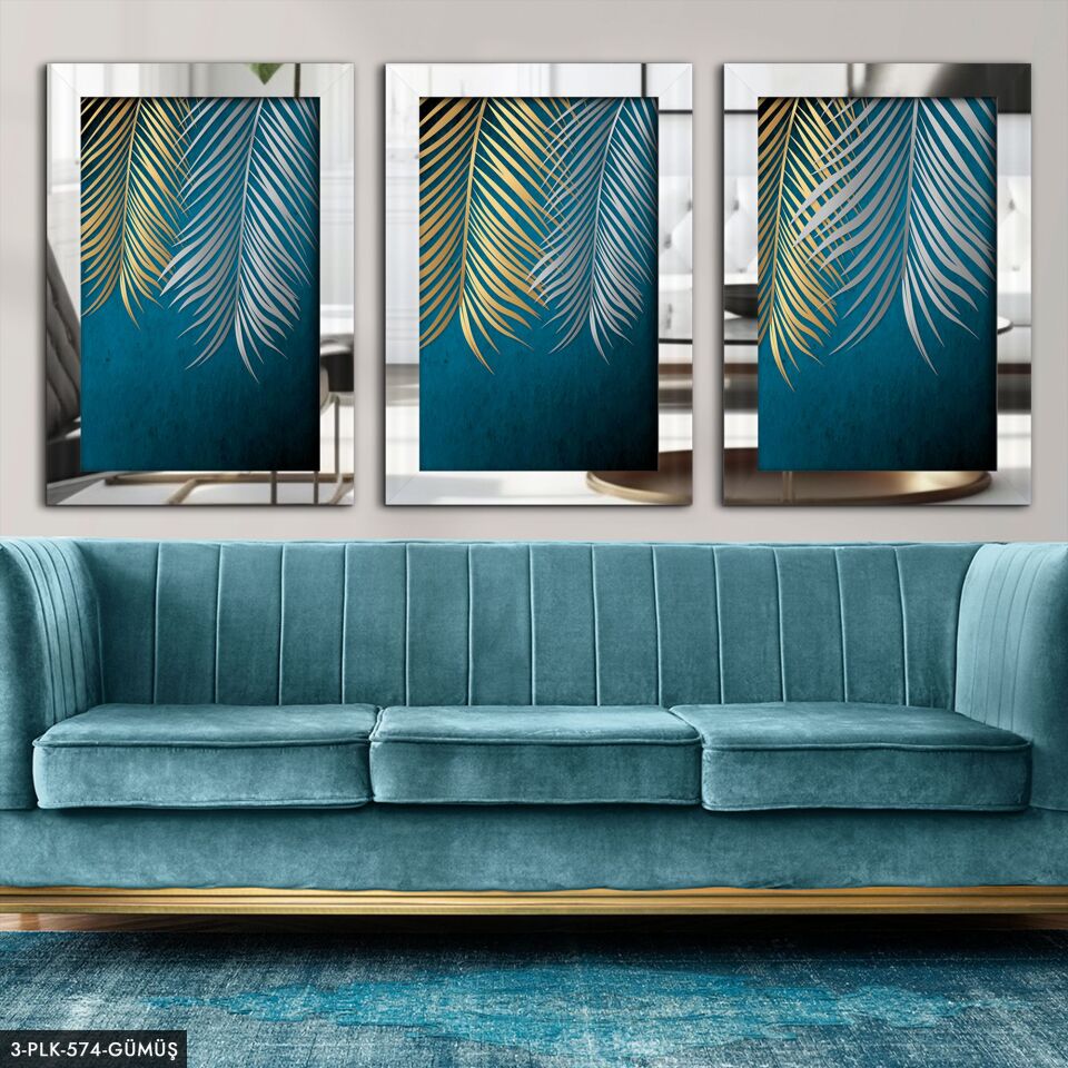 Gold Gümüş Yapraklar 3 Parça Pleksi Aynalı Tablo 40 x 60 CM - Gümüş