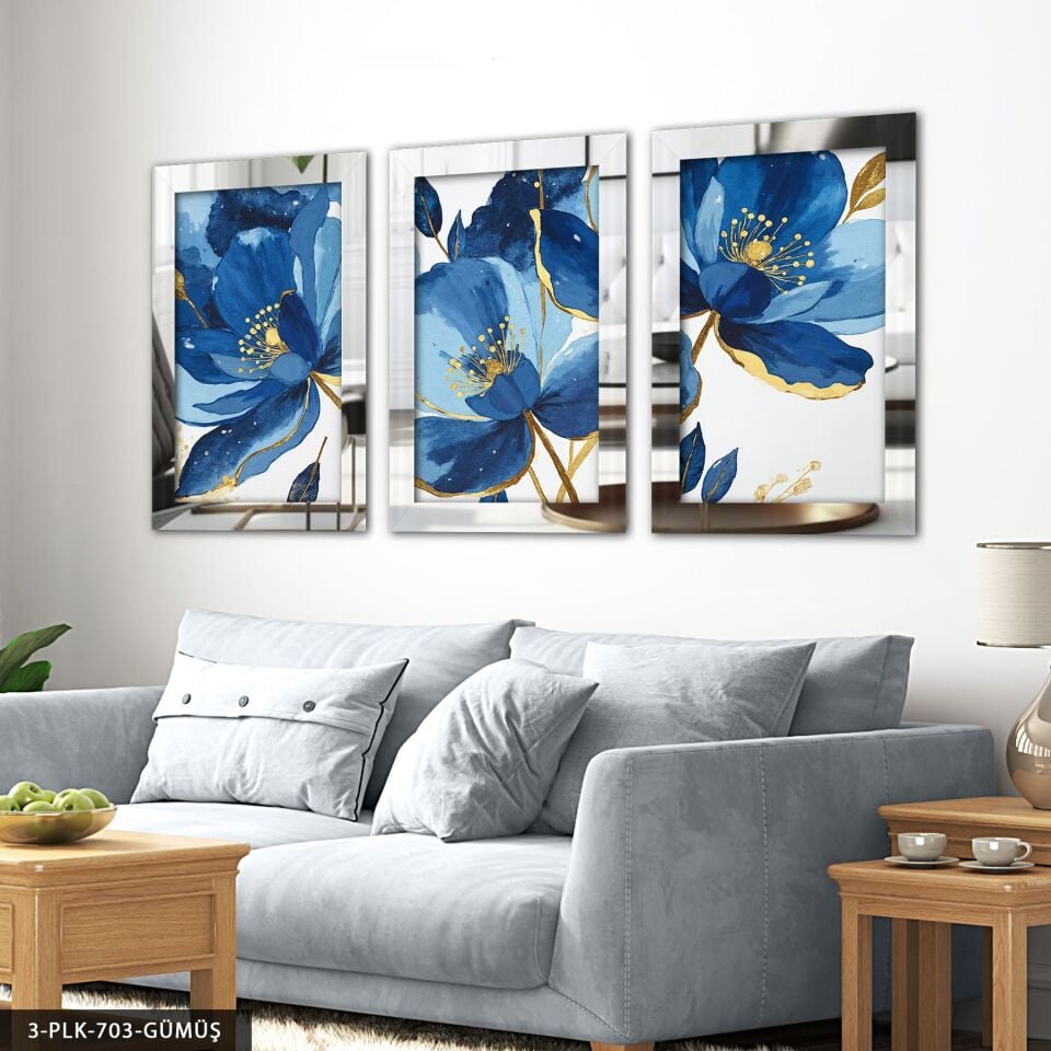 Gold Detaylı Mavi Çiçek 3 Parça Pleksi Aynalı Tablo 60 x 80 CM - Gümüş