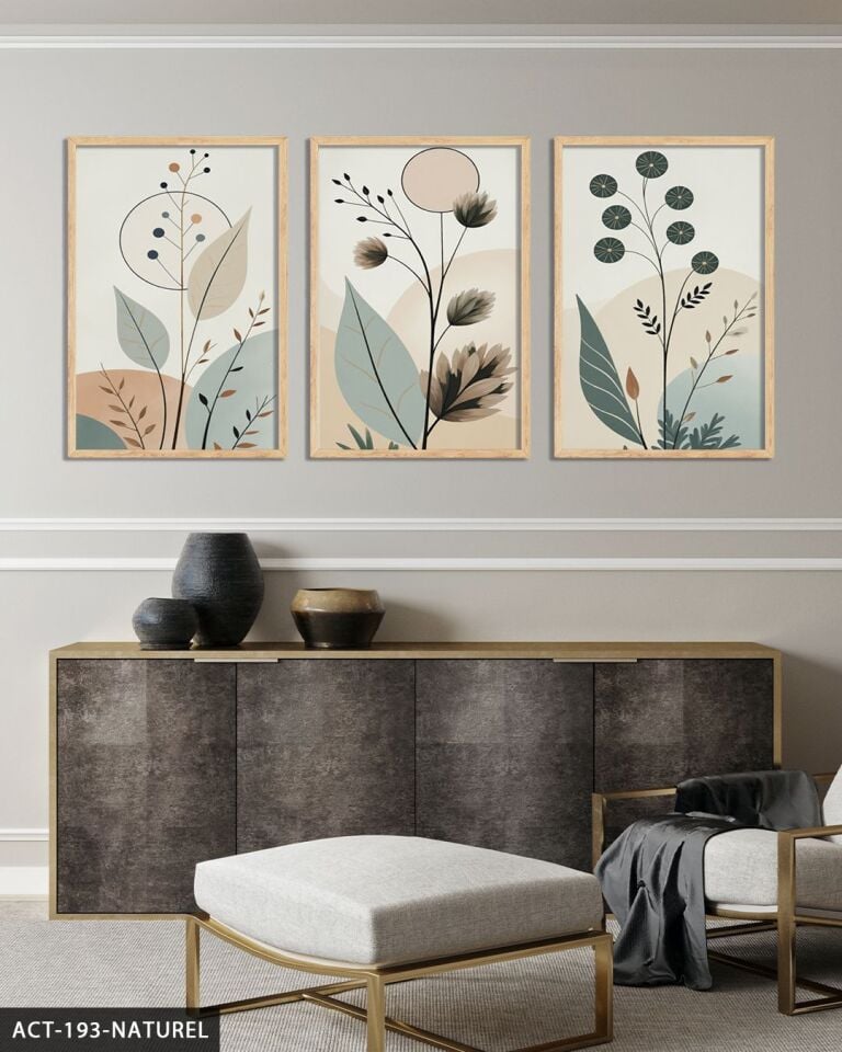 Boho Tarzı Soft Yapraklar Yapraklar 3 Parça Ahşap Çerçeveli Tablo ACT Naturel - 20 x 30 CM